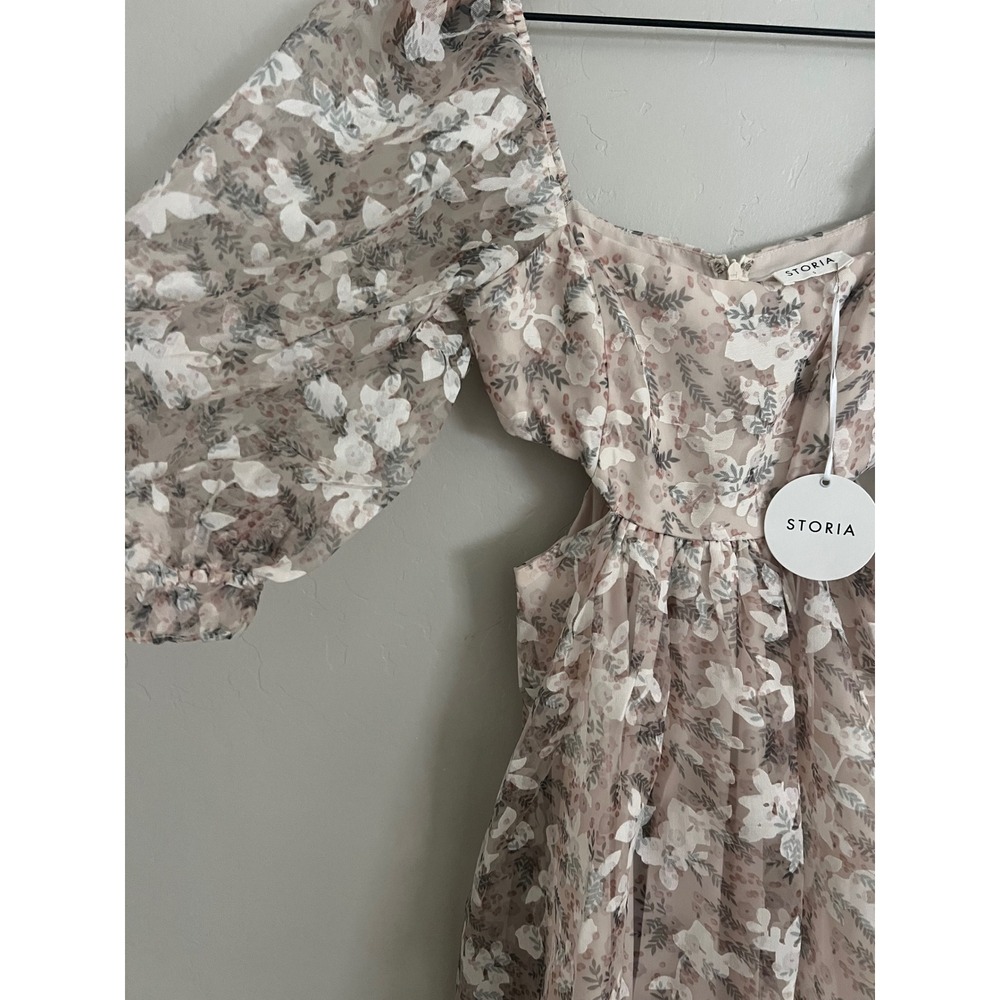 Storia Floral Organza Maxi Dress Puff Sleeve Cutout‎ Waist Small NWT Cottagecore - Picture 3 of 11
